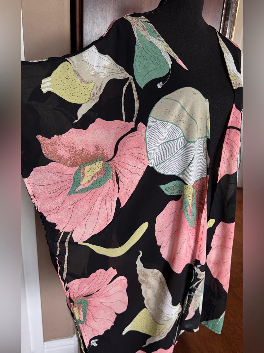 Umgee Black Floral Open Kimono Jacket with Pink & Green Accents